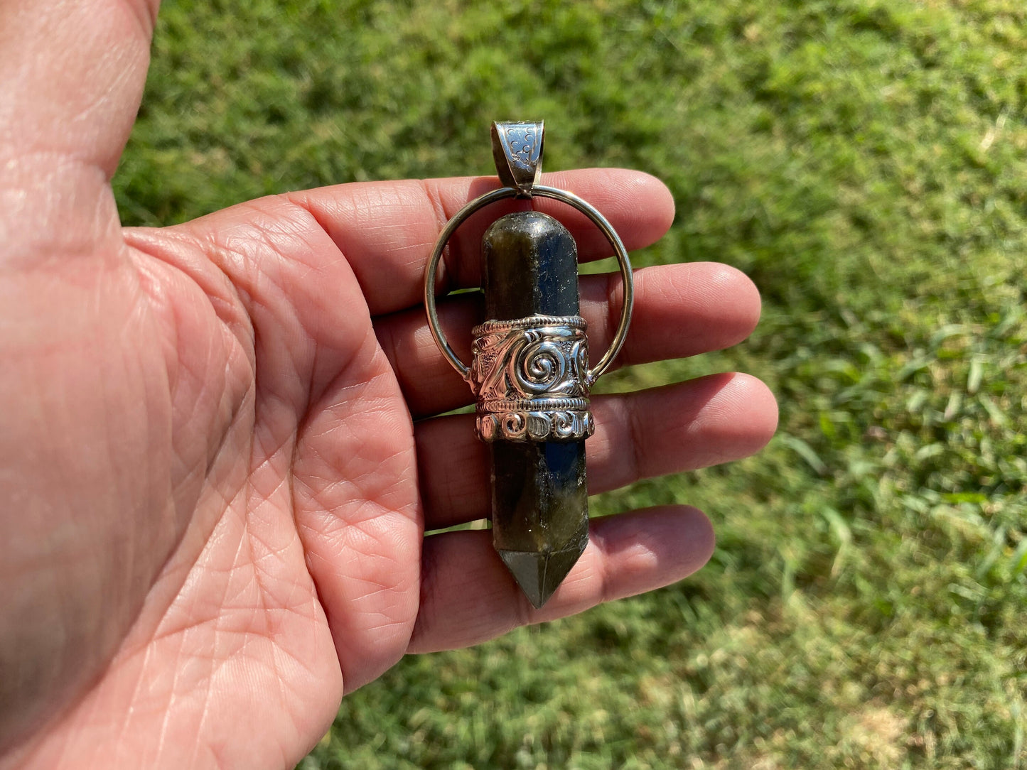 Large Point Labradorite Natural Stone Tibetan Silver Pendant, Unique Jewelry, Healing Crystal, Spiritual Protection Healing Calming Jewelry