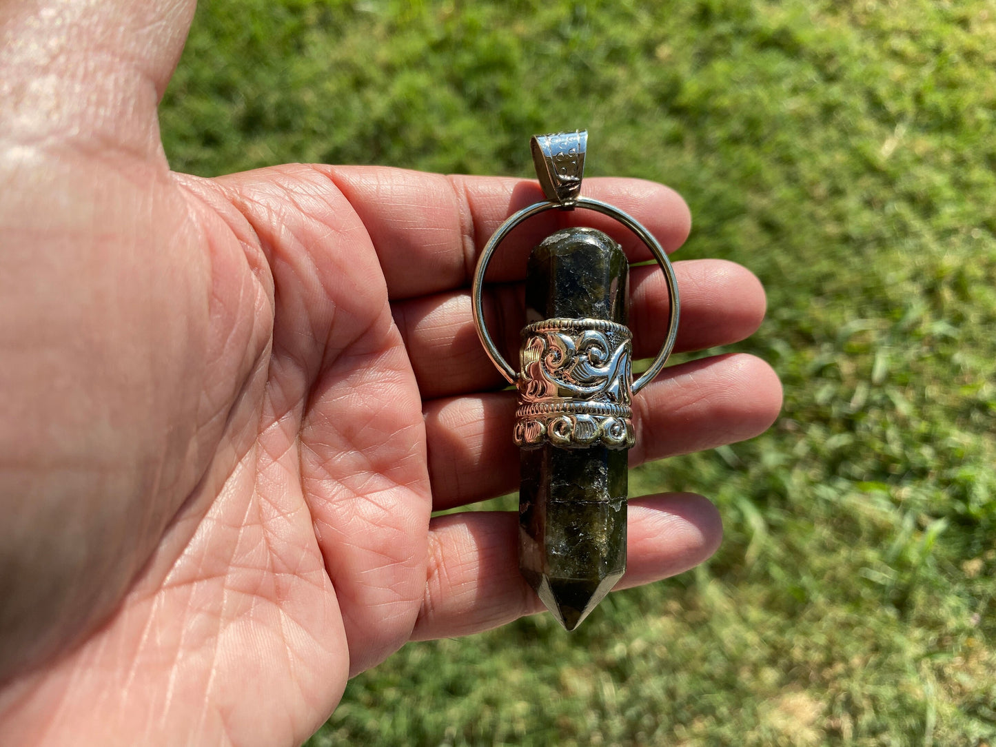 Large Point Labradorite Natural Stone Tibetan Silver Pendant, Unique Jewelry, Healing Crystal, Spiritual Protection Healing Calming Jewelry