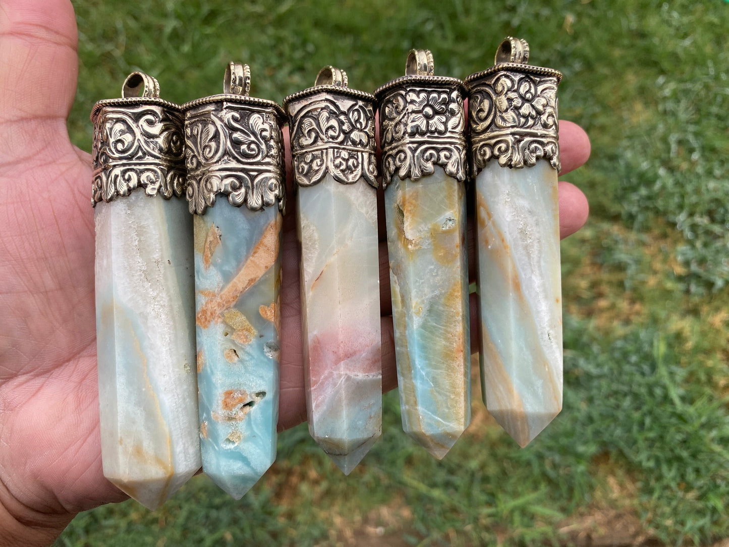 Large Pointed Amazonite with Natural Turquoise Tibetan Silver Pendant, Unique Design, Healing Crystal, Balancing Gem, Unique Jewelry