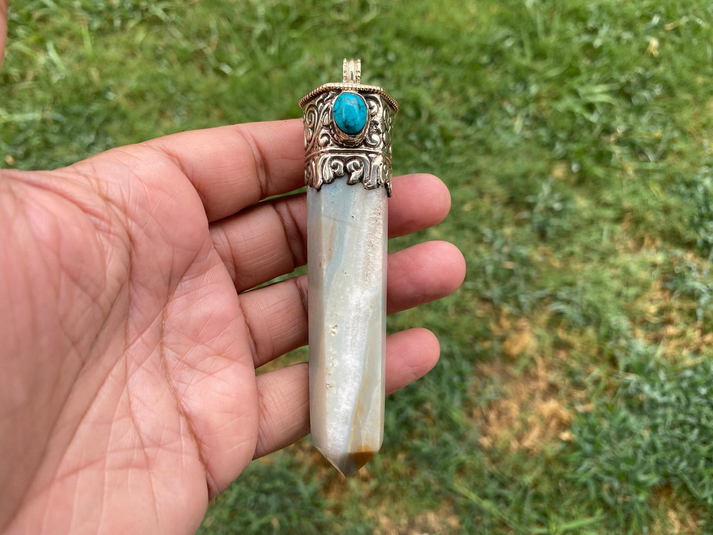 Large Pointed Amazonite with Natural Turquoise Tibetan Silver Pendant, Unique Design, Healing Crystal, Balancing Gem, Unique Jewelry