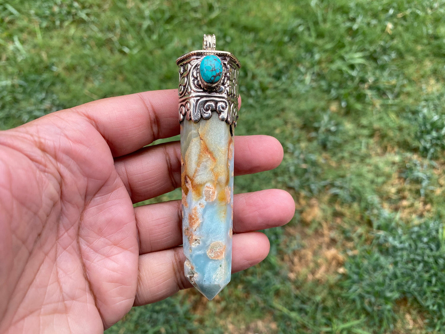 Large Pointed Amazonite with Natural Turquoise Tibetan Silver Pendant, Unique Design, Healing Crystal, Balancing Gem, Unique Jewelry
