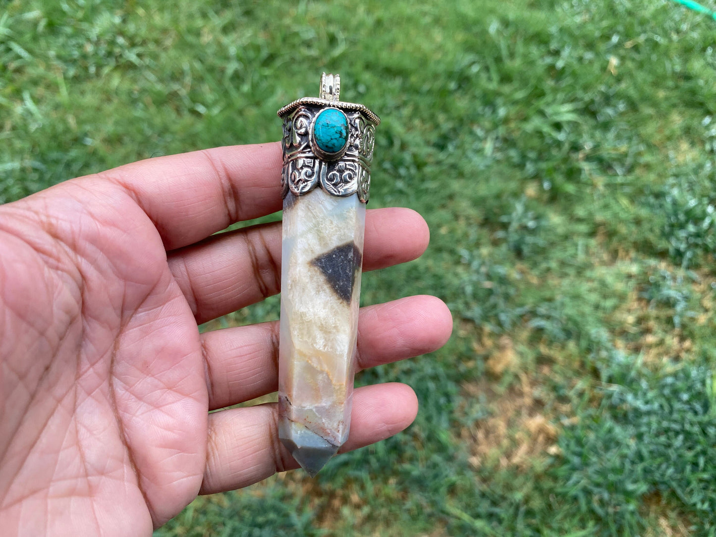 Large Pointed Amazonite with Natural Turquoise Tibetan Silver Pendant, Unique Design, Healing Crystal, Balancing Gem, Unique Jewelry