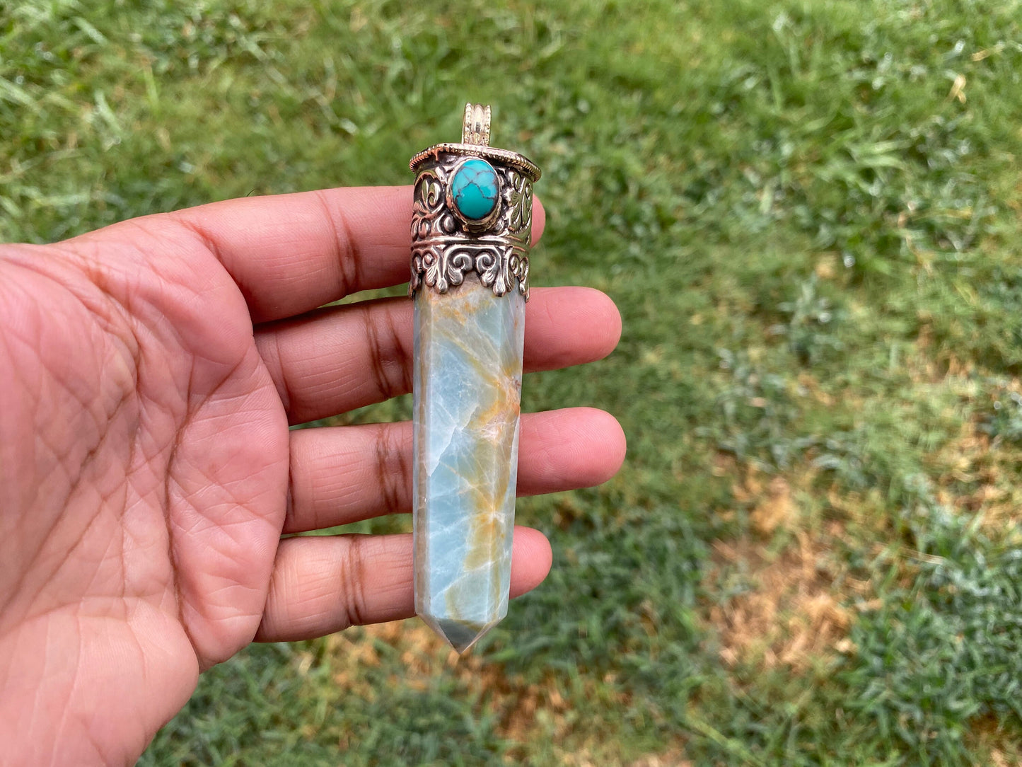 Large Pointed Amazonite with Natural Turquoise Tibetan Silver Pendant, Unique Design, Healing Crystal, Balancing Gem, Unique Jewelry
