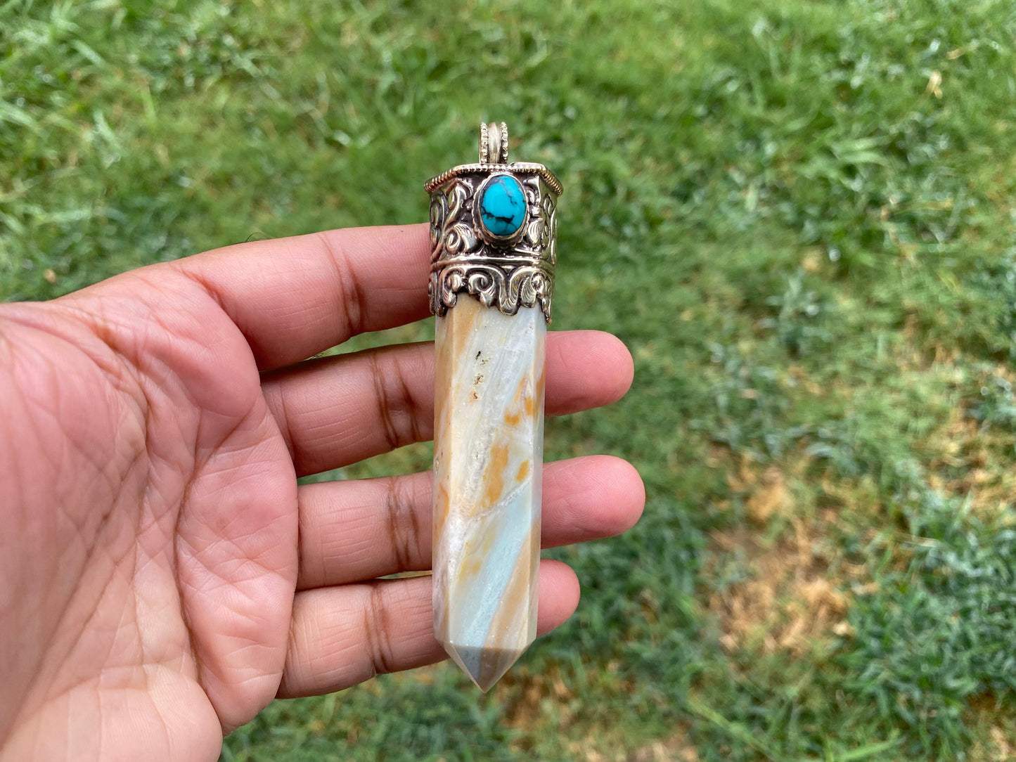 Large Pointed Amazonite with Natural Turquoise Tibetan Silver Pendant, Unique Design, Healing Crystal, Balancing Gem, Unique Jewelry