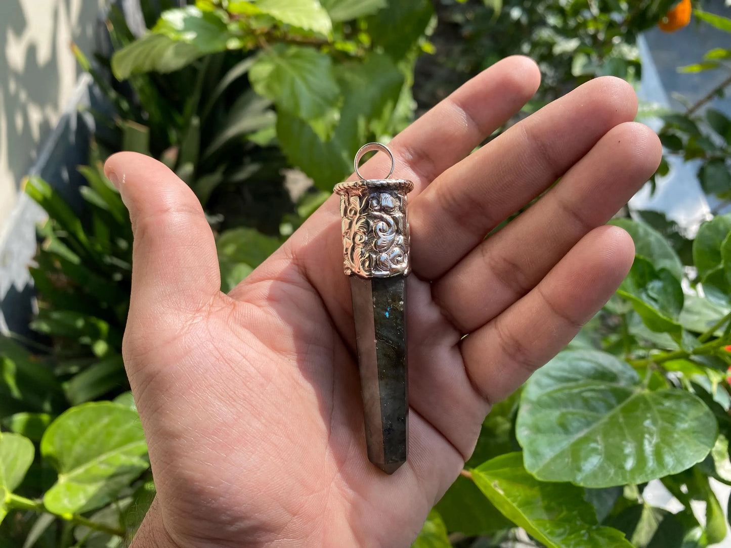 Large Pointed Natural Gemstone Tibetan Silver Pendant | Labradorite / Moonstone Natural Stone, Handmade Bohemian Jewelry, Hippie Pendant