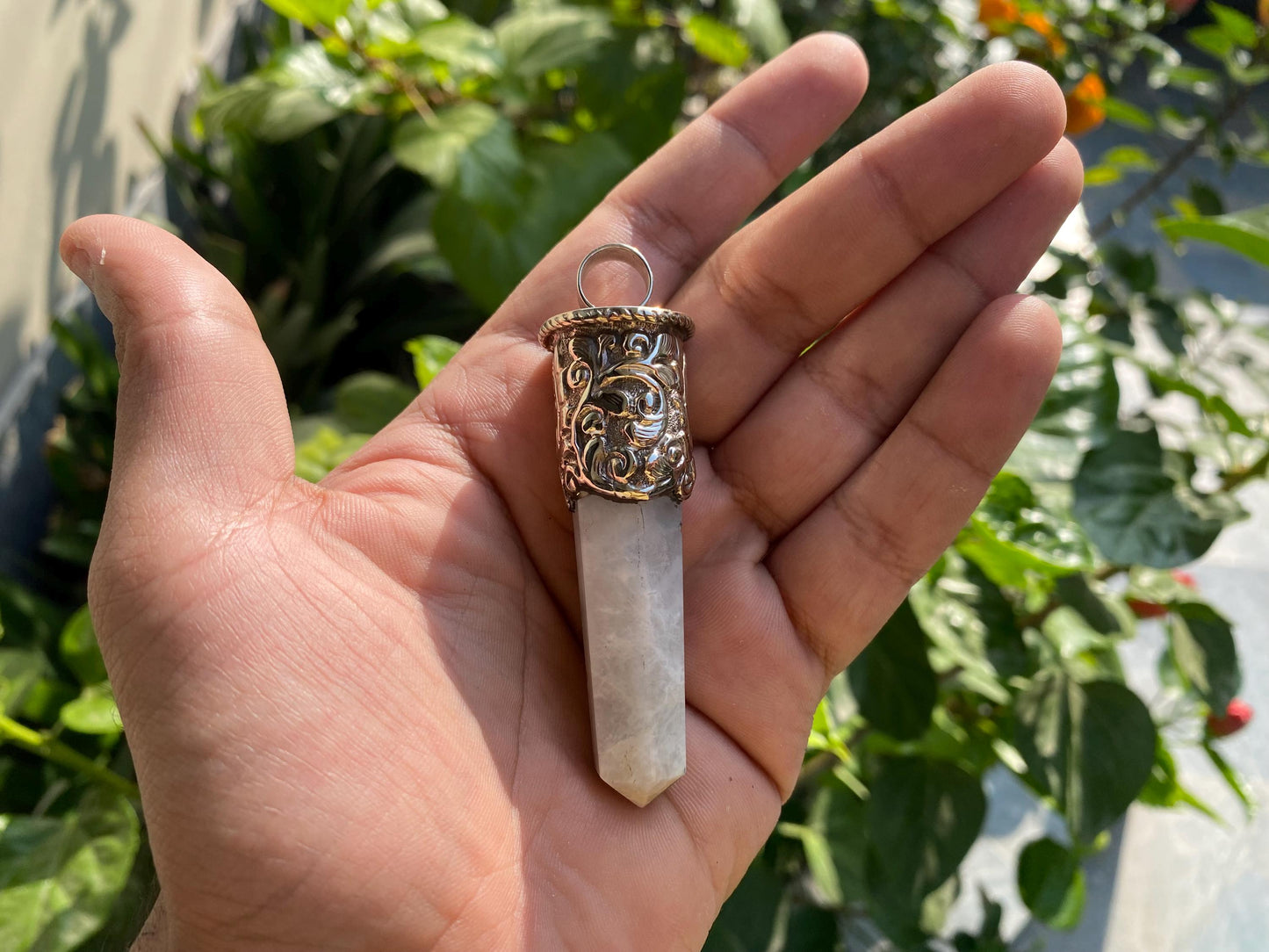 Large Pointed Natural Moonstone Pendant in Tibetan Silver | Daily Wear Pendant for Necklace, Positive Energy and Healing Stone Jewelry