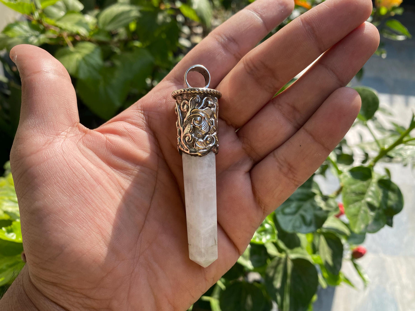 Large Pointed Natural Moonstone Pendant in Tibetan Silver | Daily Wear Pendant for Necklace, Positive Energy and Healing Stone Jewelry