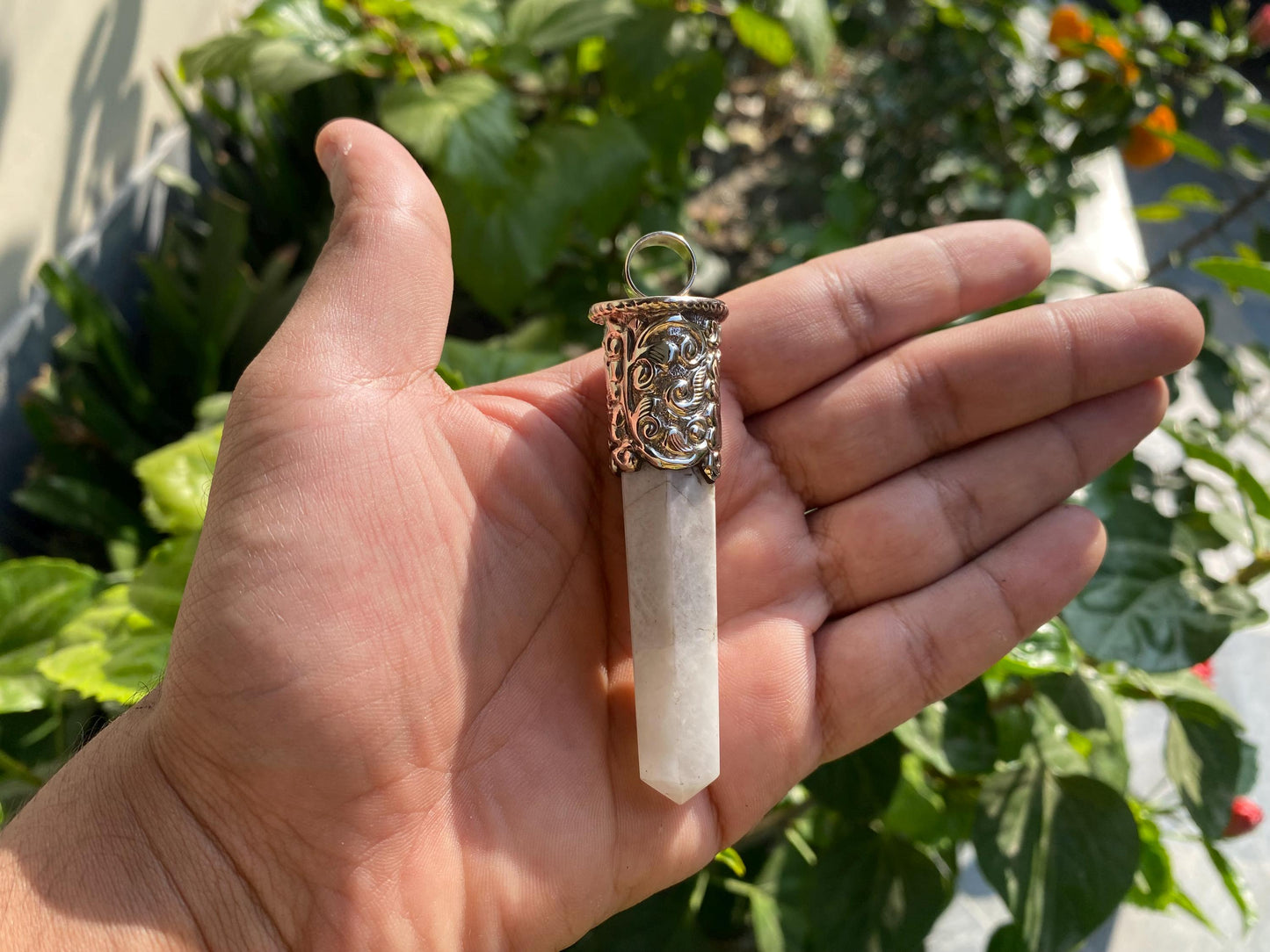 Large Pointed Natural Moonstone Pendant in Tibetan Silver | Daily Wear Pendant for Necklace, Positive Energy and Healing Stone Jewelry