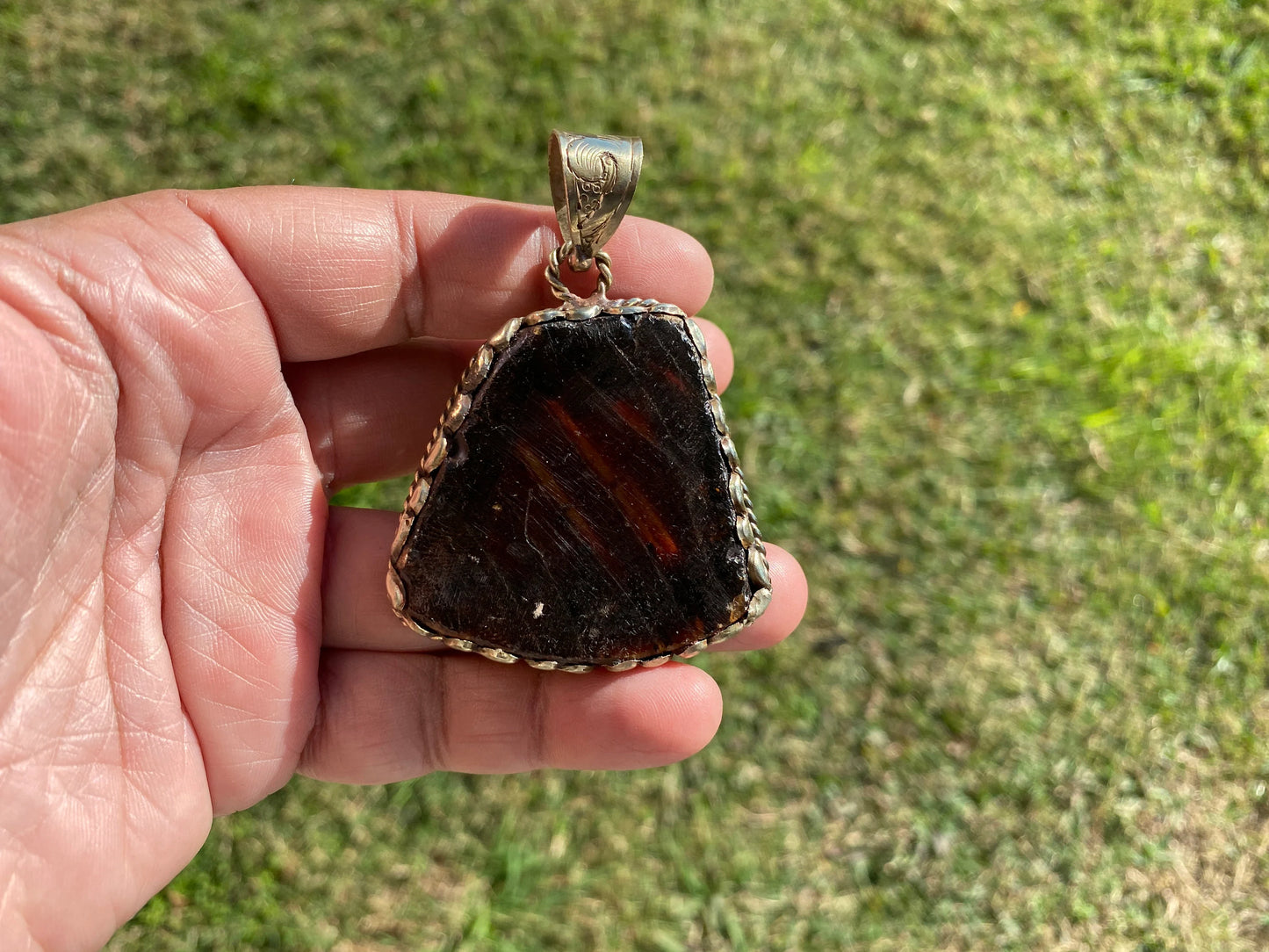 Large Raw Amber Slab Tibetan Silver Pendant, Fossilized Amber Jewelry, Ancient Style Amber Pendant, Earthy Bohemian Jewelry, Jewelry Gift