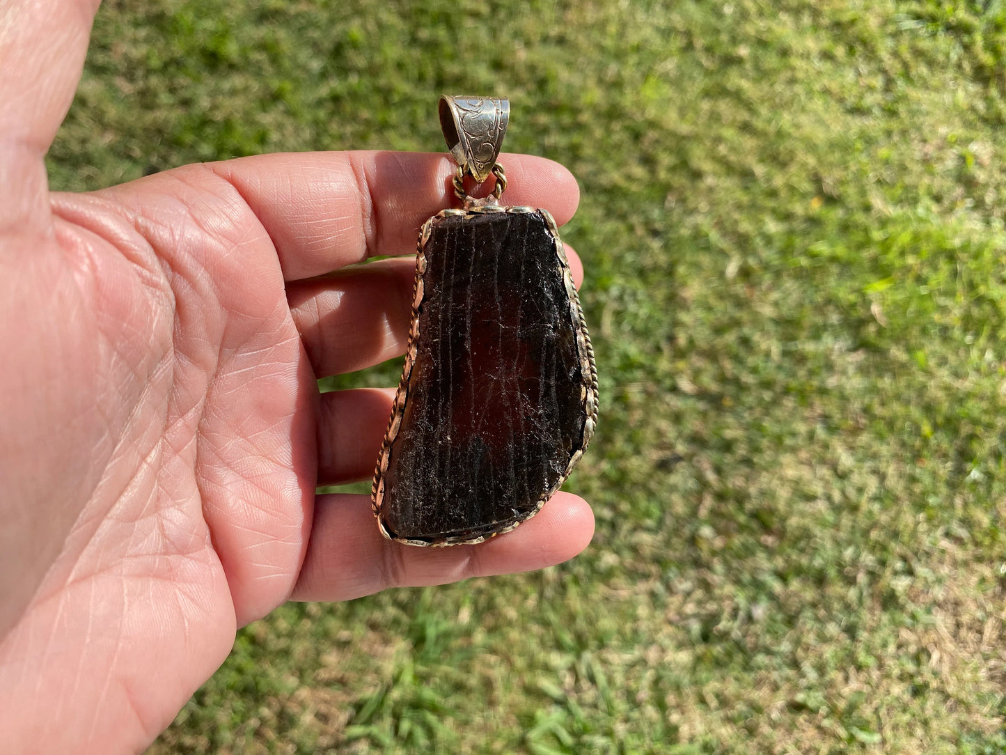 Large Raw Amber Slab Tibetan Silver Pendant, Fossilized Amber Jewelry, Ancient Style Amber Pendant, Earthy Bohemian Jewelry, Jewelry Gift