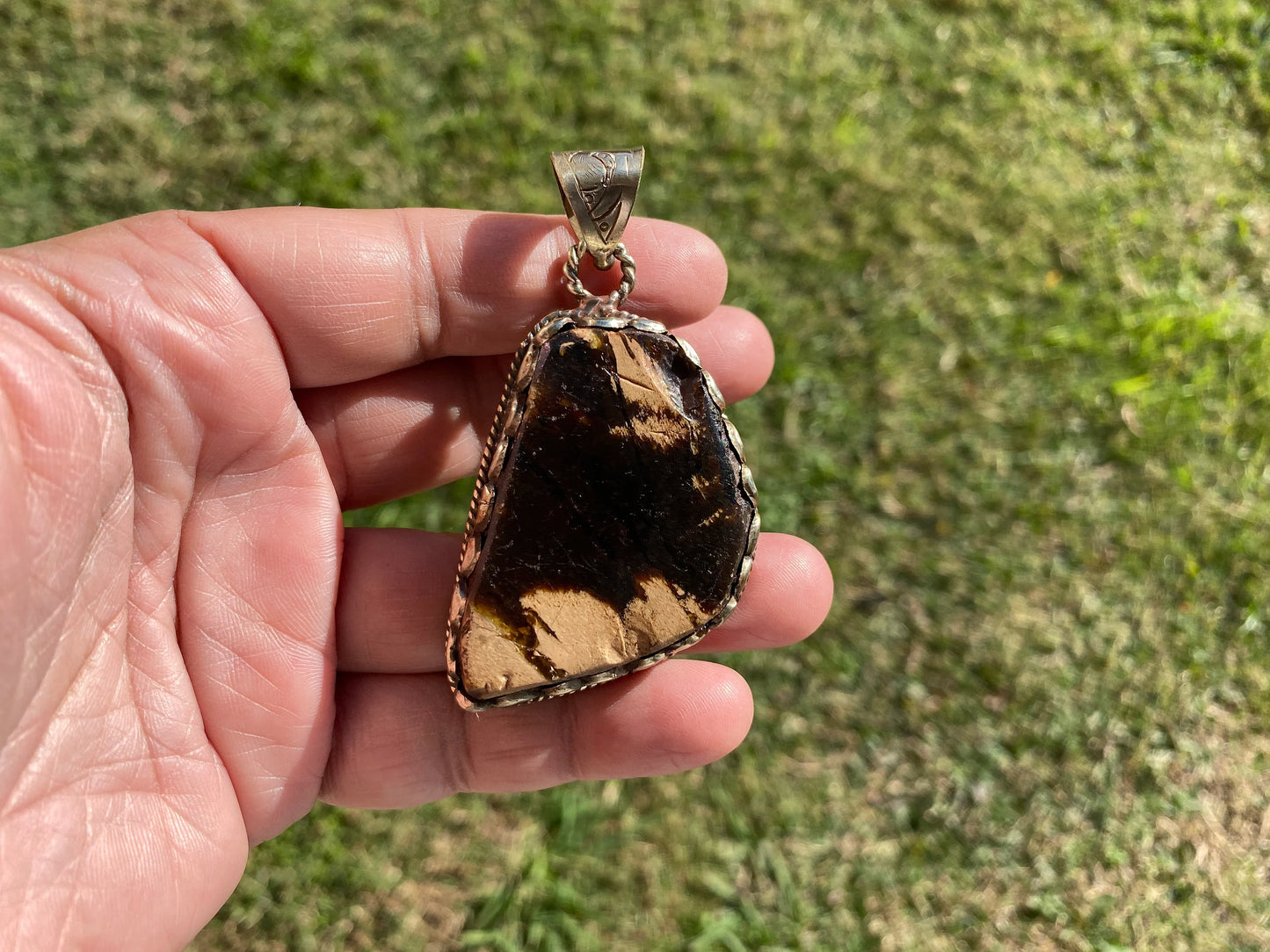 Large Raw Amber Slab Tibetan Silver Pendant, Fossilized Amber Jewelry, Ancient Style Amber Pendant, Earthy Bohemian Jewelry, Jewelry Gift