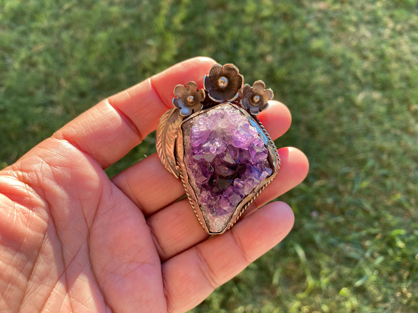 Large Raw Amethyst Druzy Natural Stone Tibetan Silver Pendant, Healing Crystal for Necklace, Hill Tribe Jewelry, Birthstone Pendant