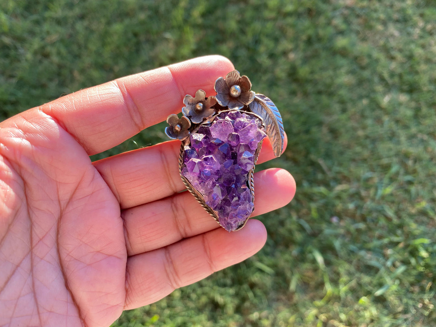 Large Raw Amethyst Druzy Natural Stone Tibetan Silver Pendant, Healing Crystal for Necklace, Hill Tribe Jewelry, Birthstone Pendant