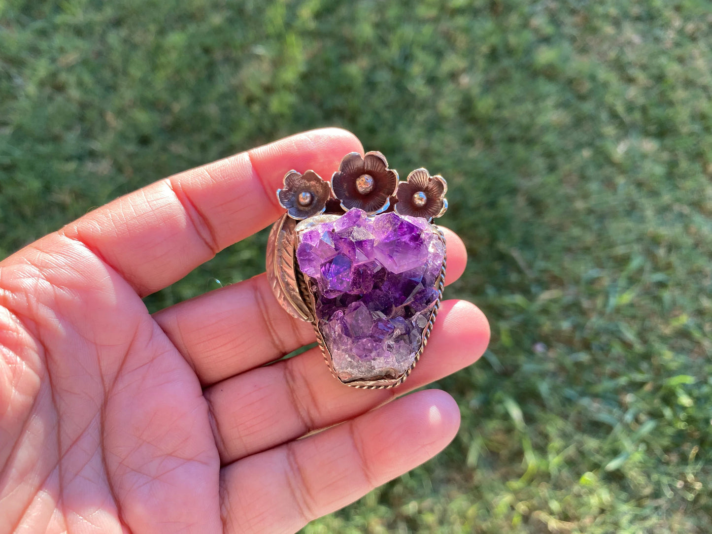 Large Raw Amethyst Druzy Natural Stone Tibetan Silver Pendant, Healing Crystal for Necklace, Hill Tribe Jewelry, Birthstone Pendant