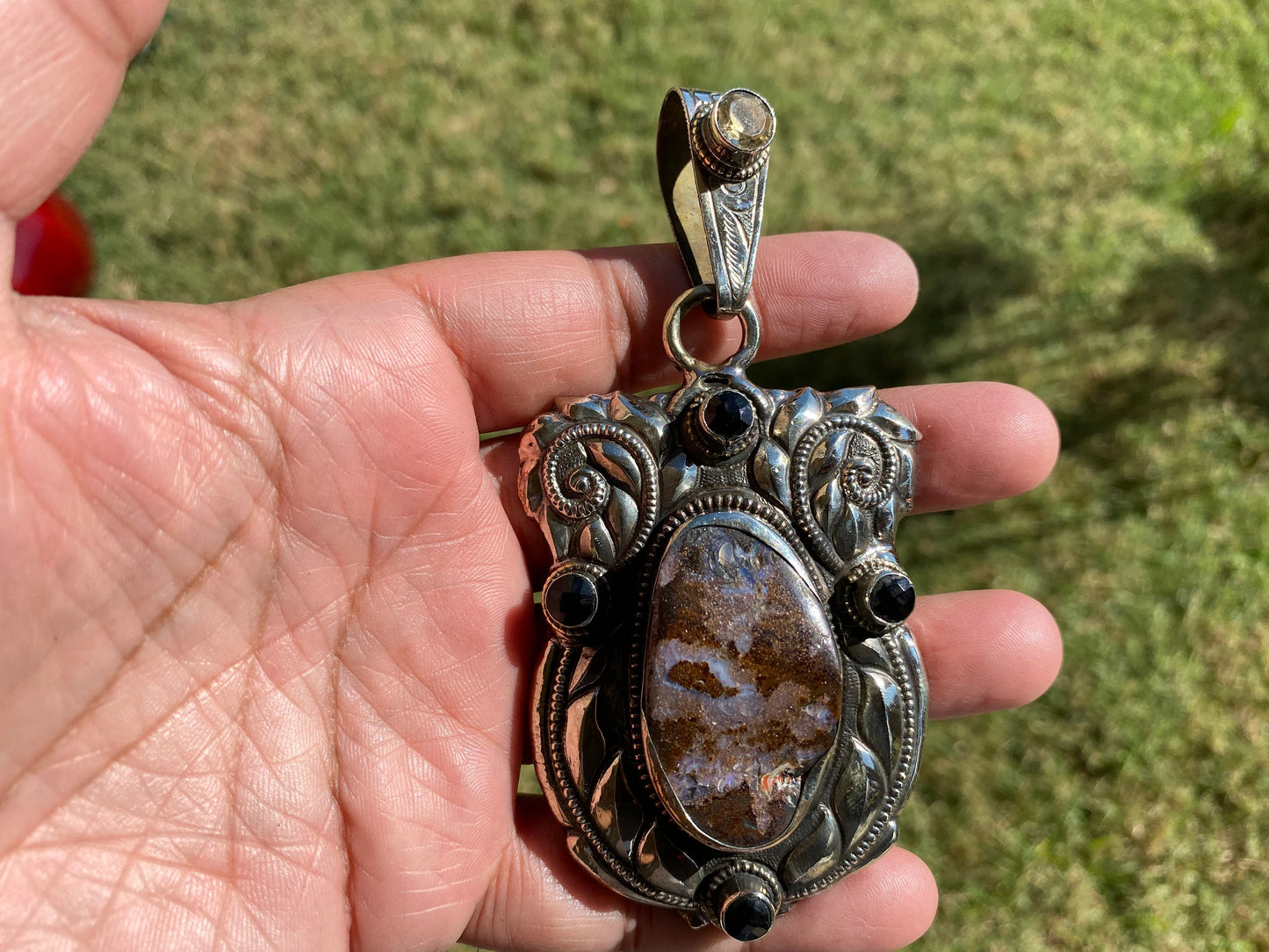 Large Raw Australian Natural Opal, Tibetan Silver Pendant with Citrine, Black Onyx or Citrine Gemstone, Women's Jewelry, Birthstone Pendant