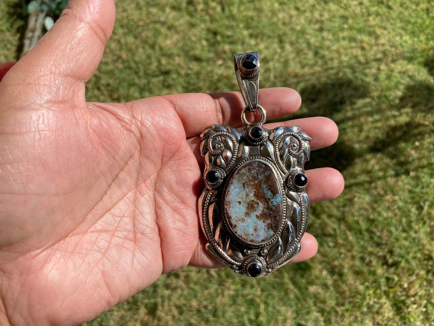 Large Raw Australian Natural Opal, Tibetan Silver Pendant with Citrine, Black Onyx or Citrine Gemstone, Women's Jewelry, Birthstone Pendant