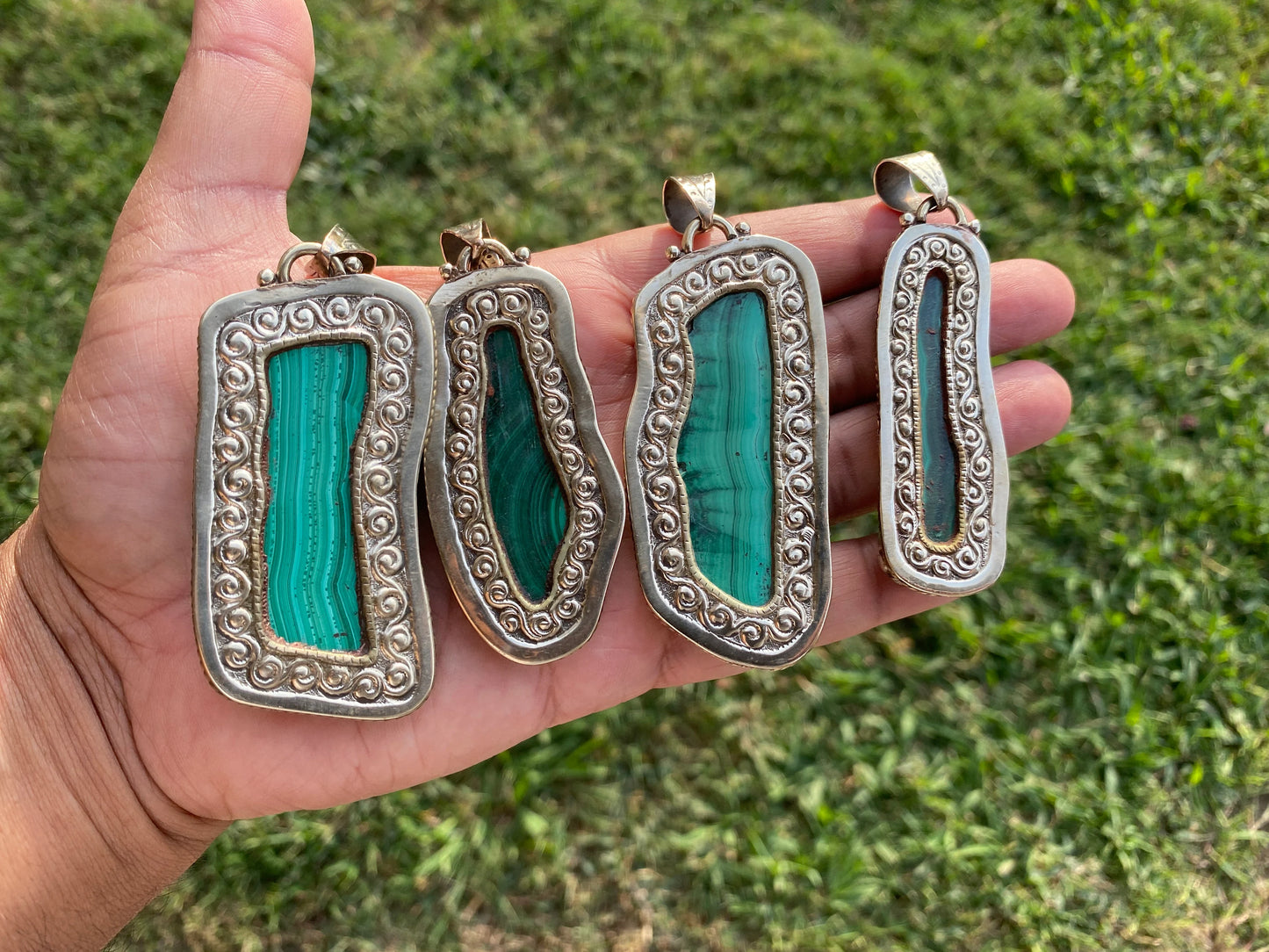 Large Raw Malachite Natural Stone Tibetan Silver Pendant, Ethnic Jewelry, Energy Stone Pendant, Birthstone, Healing Crystal, Freeform Stone