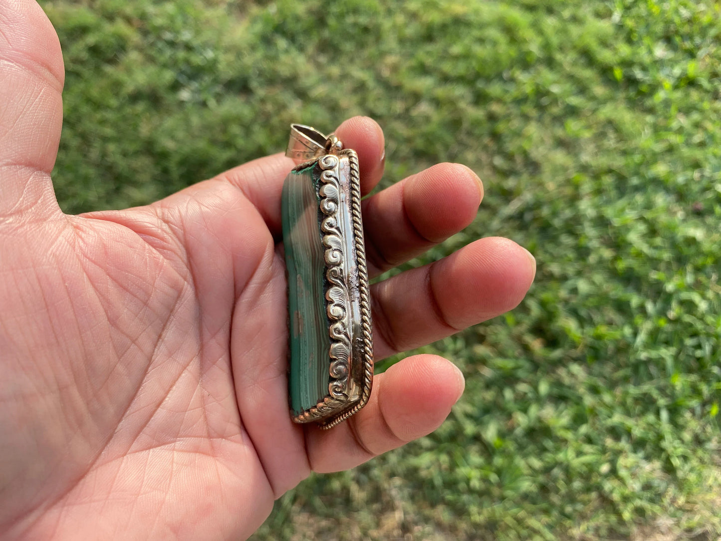 Large Raw Malachite Natural Stone Tibetan Silver Pendant, Ethnic Jewelry, Energy Stone Pendant, Birthstone, Healing Crystal, Freeform Stone