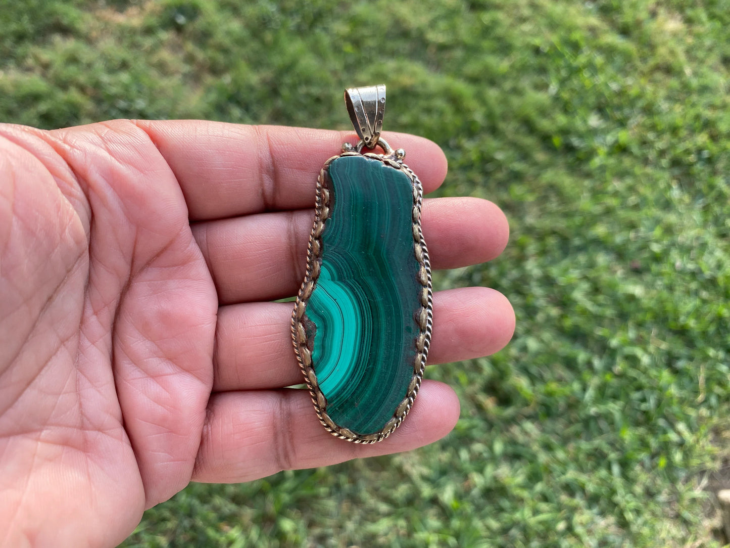 Large Raw Malachite Natural Stone Tibetan Silver Pendant, Ethnic Jewelry, Energy Stone Pendant, Birthstone, Healing Crystal, Freeform Stone