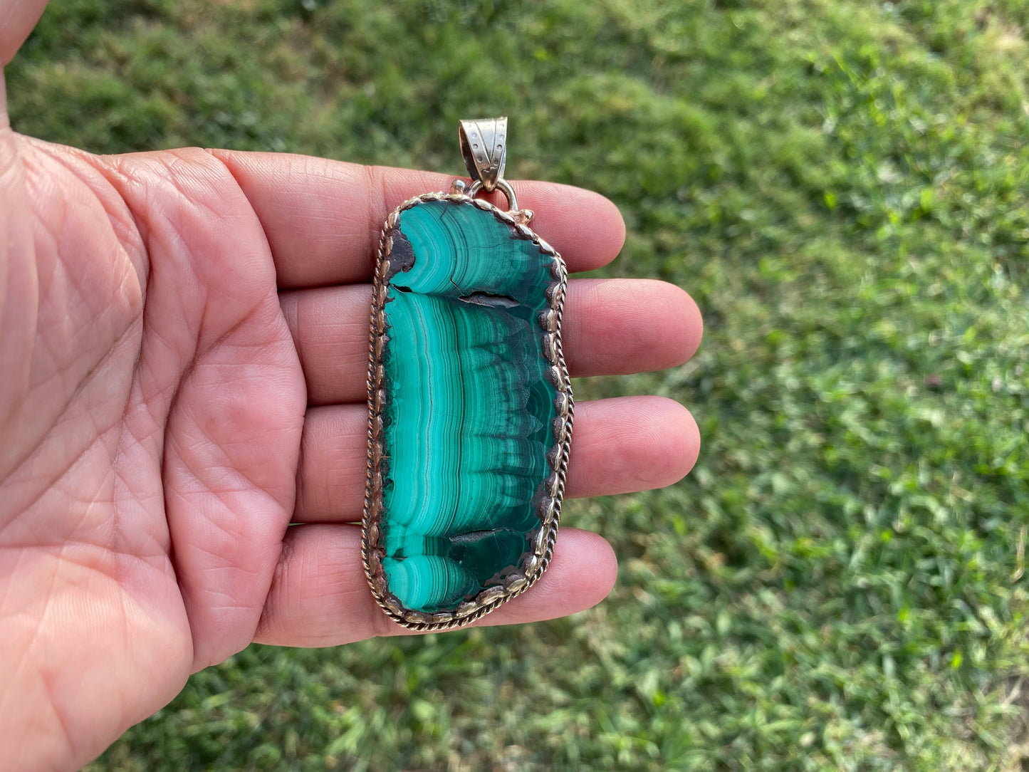Large Raw Malachite Natural Stone Tibetan Silver Pendant, Ethnic Jewelry, Energy Stone Pendant, Birthstone, Healing Crystal, Freeform Stone