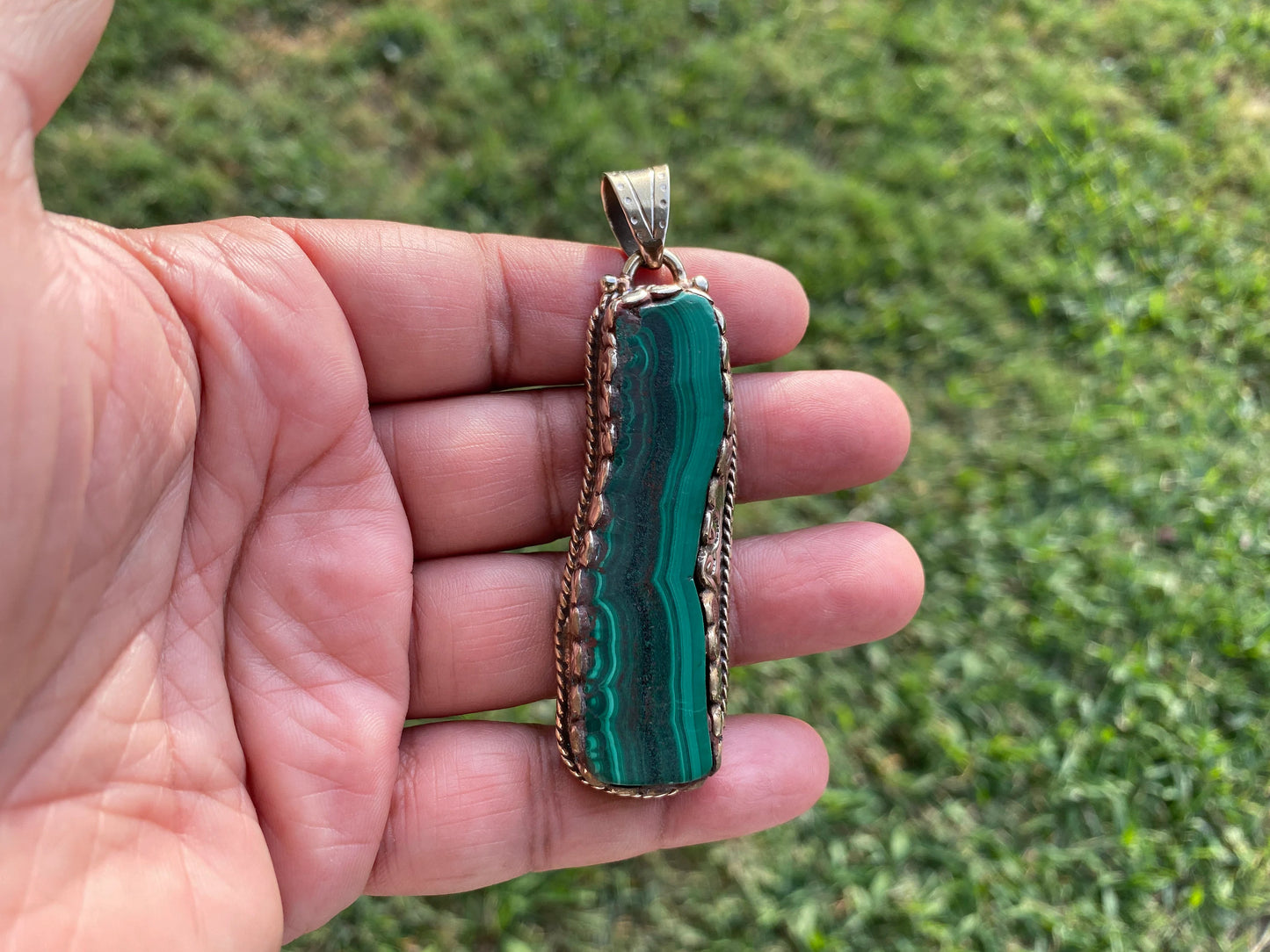 Large Raw Malachite Natural Stone Tibetan Silver Pendant, Ethnic Jewelry, Energy Stone Pendant, Birthstone, Healing Crystal, Freeform Stone