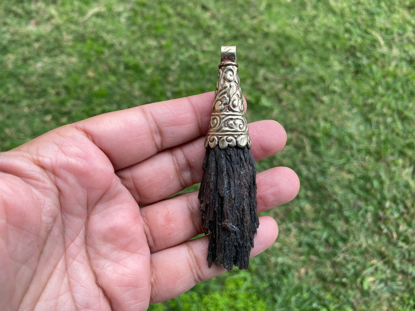 Large Raw Natural Black Kyanite Tibetan Silver Pendant, Natural Stone Jewelry, Women or Men Jewelry, Rough Healing Crystal, Black Stone