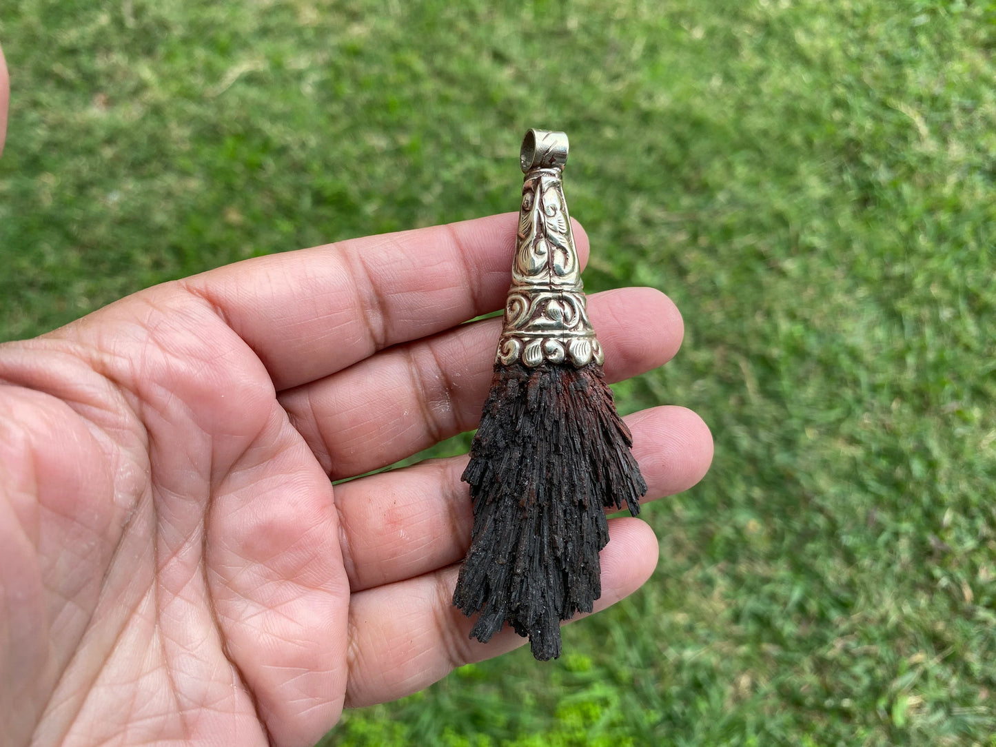 Large Raw Natural Black Kyanite Tibetan Silver Pendant, Natural Stone Jewelry, Women or Men Jewelry, Rough Healing Crystal, Black Stone