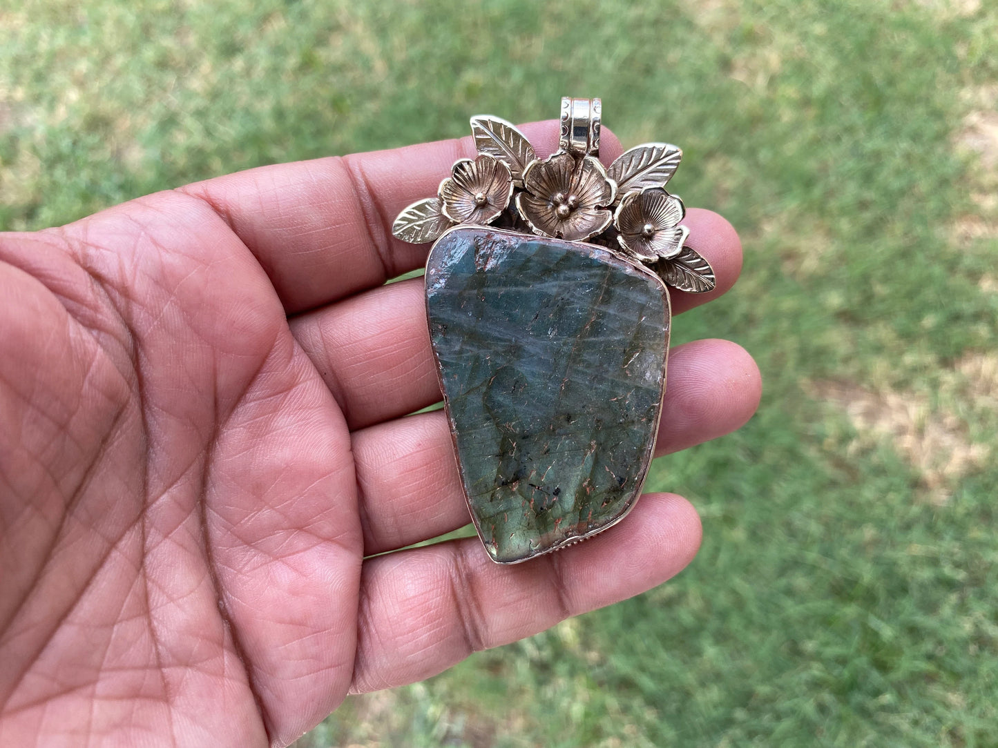 Large Raw Natural Labradorite Gemstone Tibetan Silver Pendant, Two Sided Pendant, Healing Crystal, For Men or Women Jewelry, Birthstone