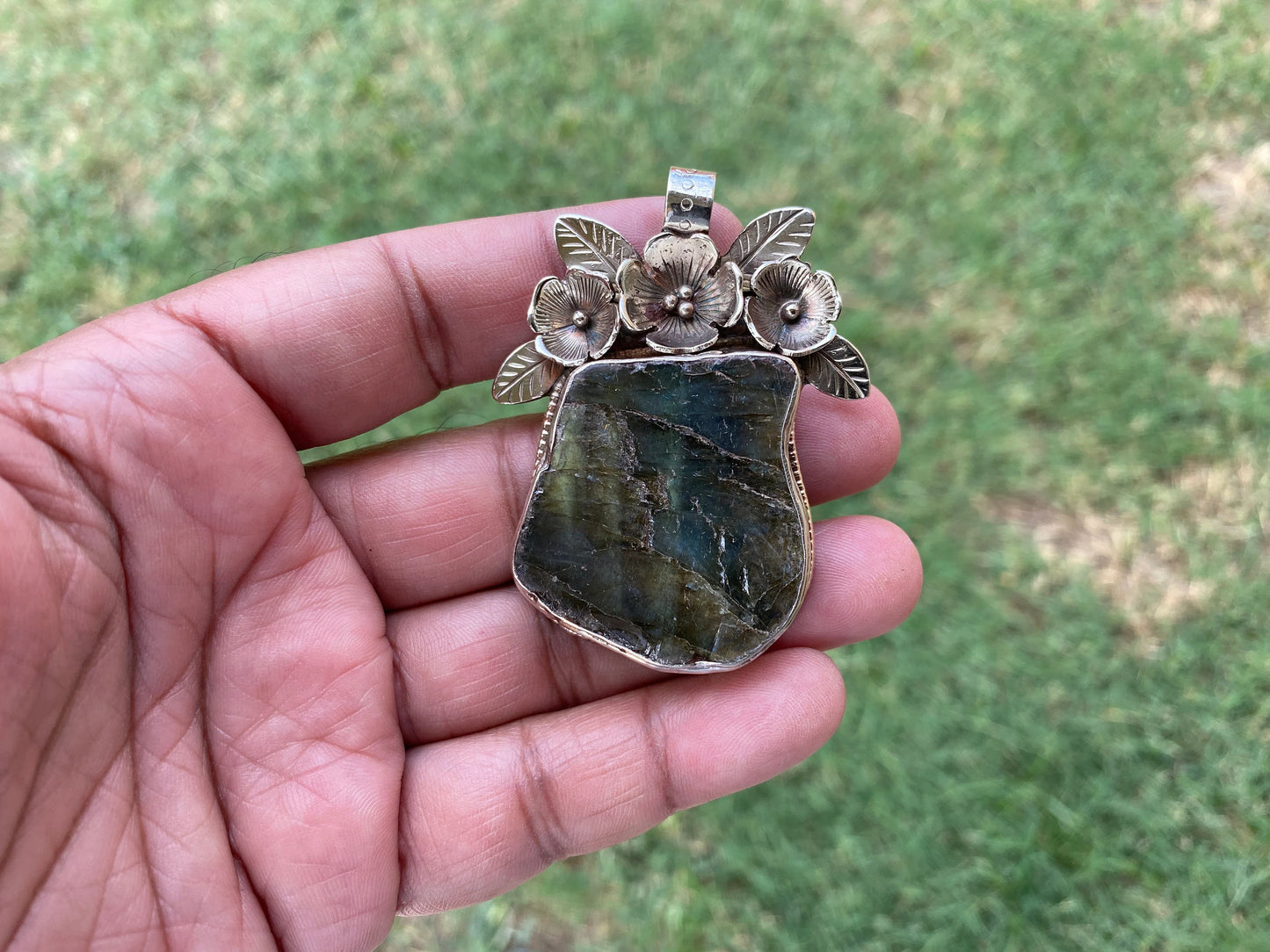 Large Raw Natural Labradorite Gemstone Tibetan Silver Pendant, Two Sided Pendant, Healing Crystal, For Men or Women Jewelry, Birthstone