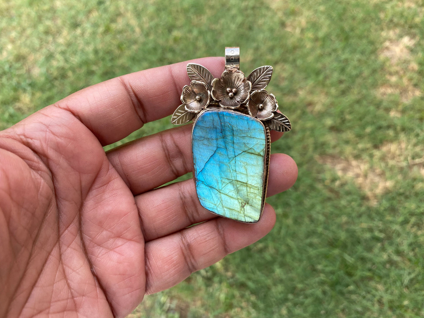 Large Raw Natural Labradorite Gemstone Tibetan Silver Pendant, Two Sided Pendant, Healing Crystal, For Men or Women Jewelry, Birthstone