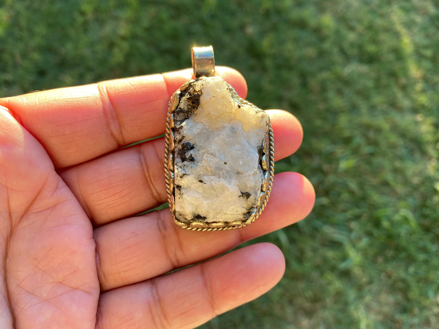 Large Raw Natural Rainbow Moonstone Pendant, Tibetan Silver, Crystal Jewelry, Raw Stone Pendant, Feminine Devine, Girl Power, Crown Chakra