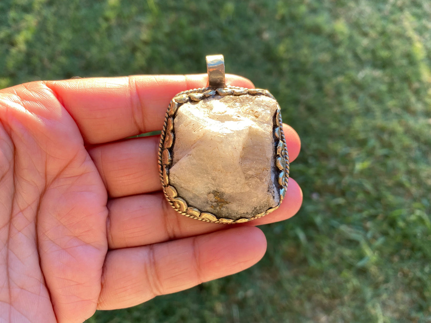 Large Raw Natural Rainbow Moonstone Pendant, Tibetan Silver, Crystal Jewelry, Raw Stone Pendant, Feminine Devine, Girl Power, Crown Chakra