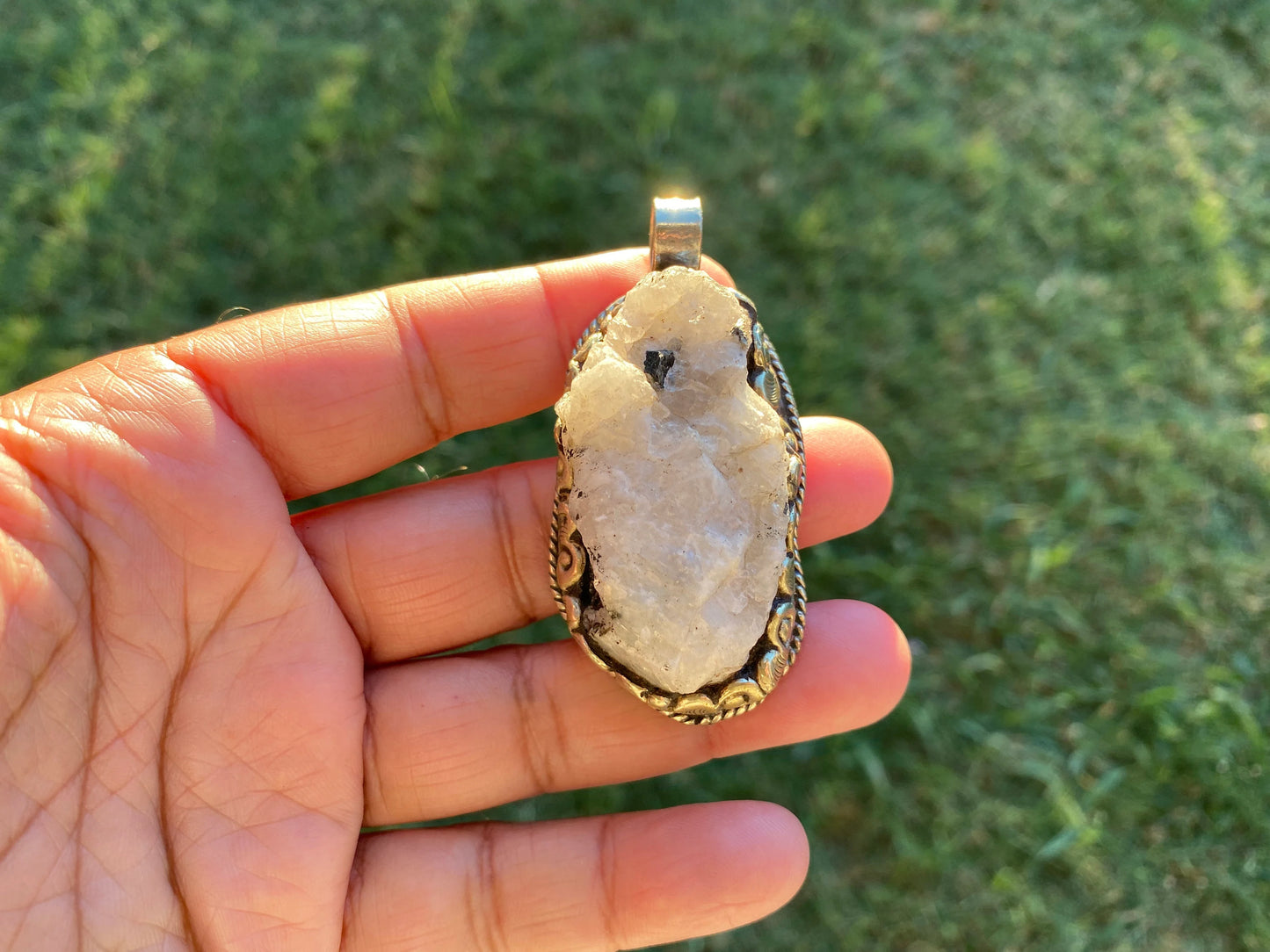 Large Raw Natural Rainbow Moonstone Pendant, Tibetan Silver, Crystal Jewelry, Raw Stone Pendant, Feminine Devine, Girl Power, Crown Chakra