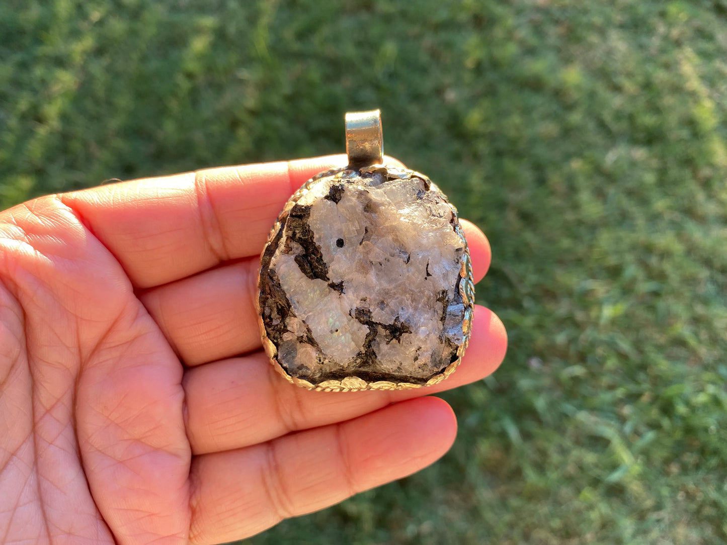 Large Raw Natural Rainbow Moonstone Pendant, Tibetan Silver, Crystal Jewelry, Raw Stone Pendant, Feminine Devine, Girl Power, Crown Chakra