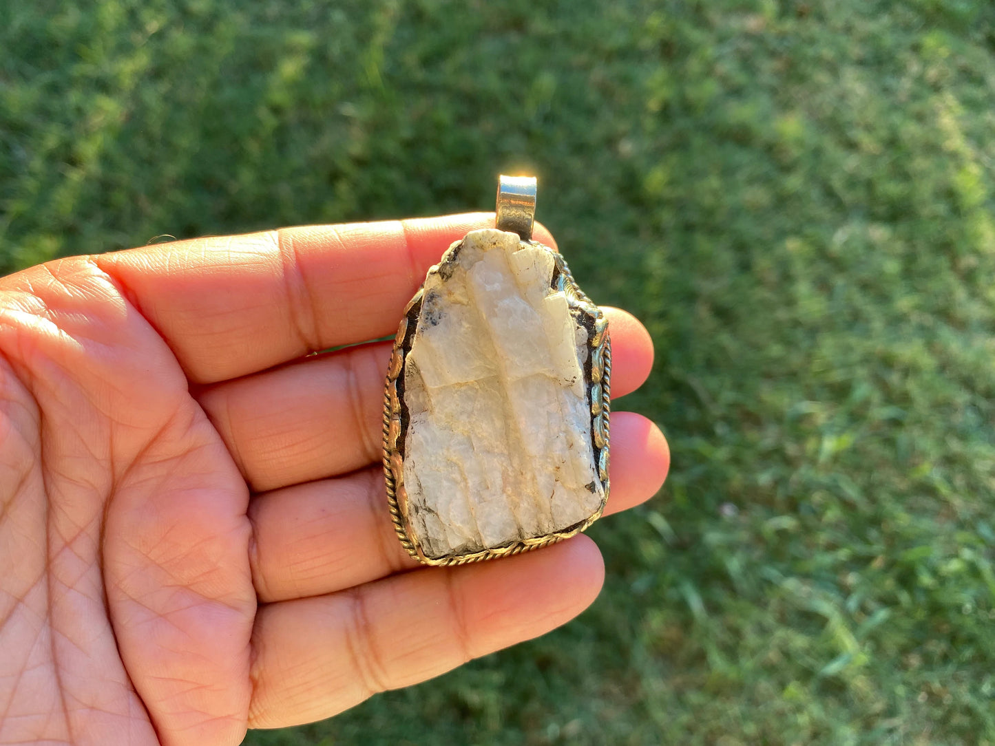 Large Raw Natural Rainbow Moonstone Pendant, Tibetan Silver, Crystal Jewelry, Raw Stone Pendant, Feminine Devine, Girl Power, Crown Chakra
