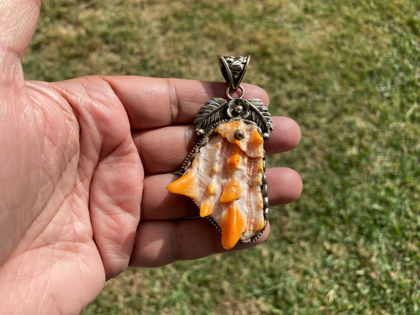 Large Raw Spiny Oyster Tibetan Silver Pendant, Nature Crafted, Desert Sea Gem, Oceanic Ornament, Ocean Jewel, Ocean Inspired Jewelry