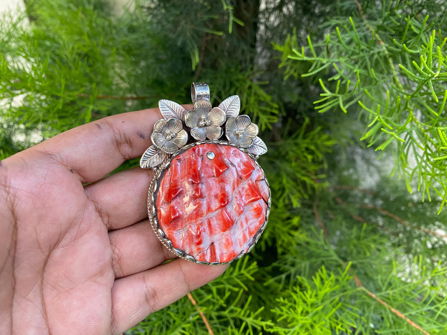 Large Raw Spiny Oyster Tibetan Silver Pendant, Southwestern Jewelry, for Men or Women, Bohemian Pendant, Anniversary Jewelry Gift