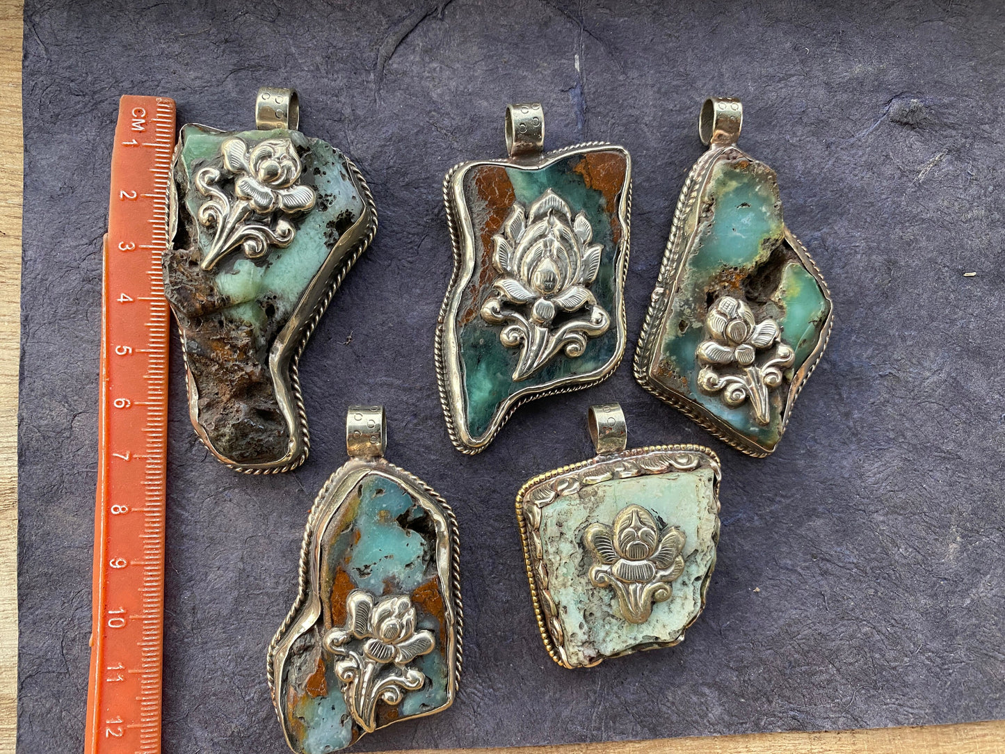 Large Rough Natural Green Chrysoprase Slab Tibetan Silver Pendant, Flower Designs, Ethnic Jewelry, Himalayan Jewelry, Natural Stone Jewelry