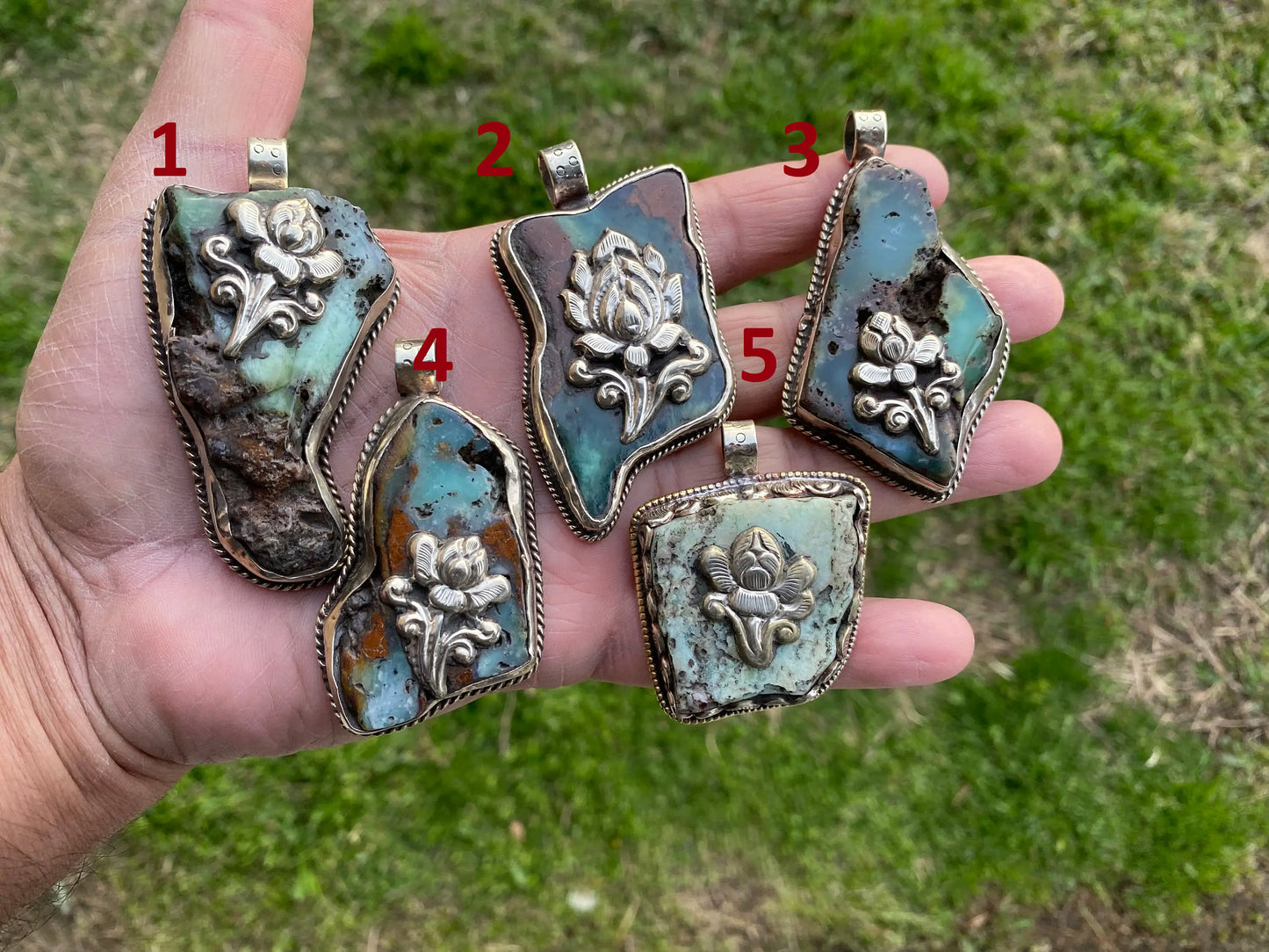 Large Rough Natural Green Chrysoprase Slab Tibetan Silver Pendant, Flower Designs, Ethnic Jewelry, Himalayan Jewelry, Natural Stone Jewelry
