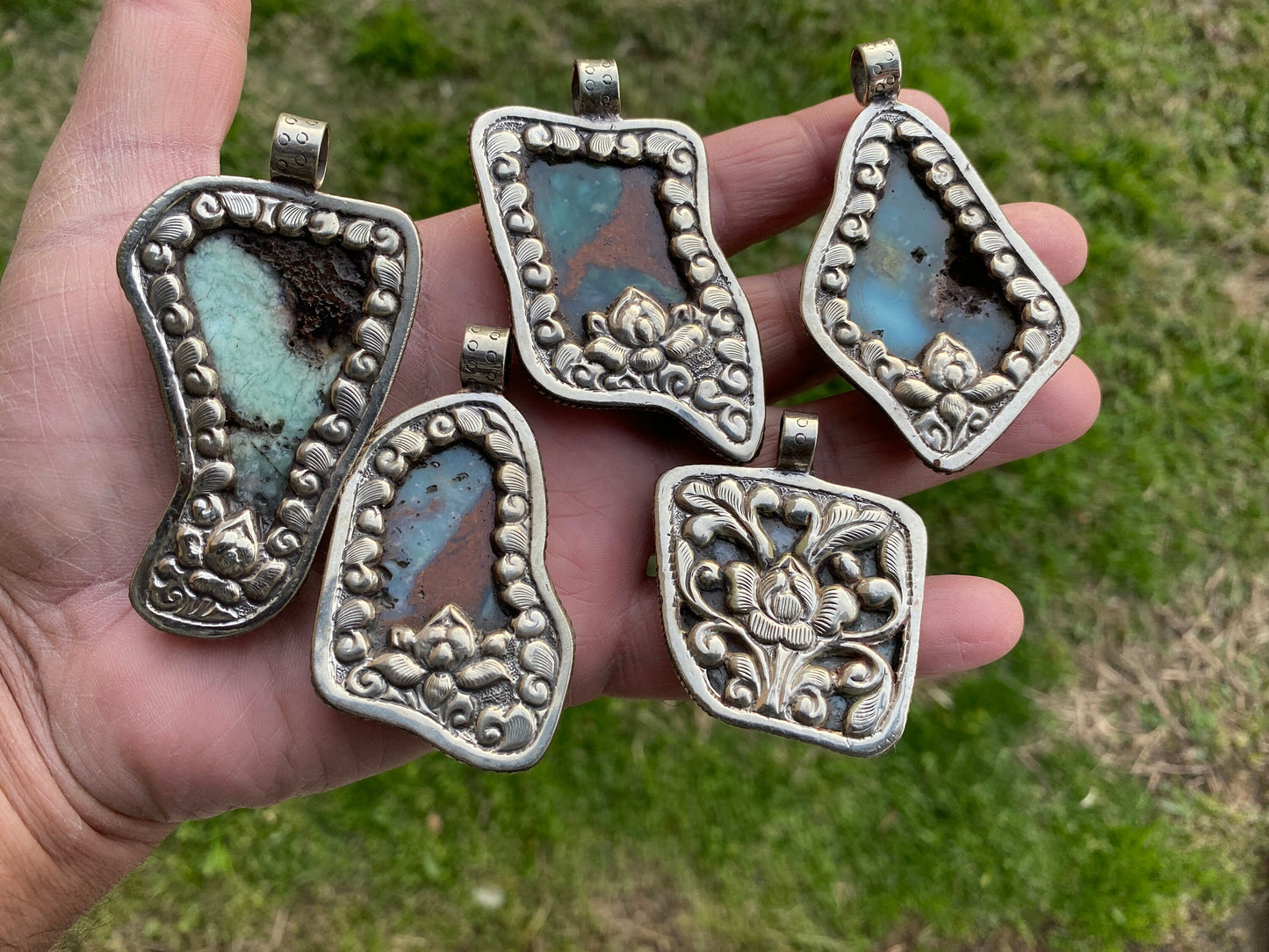 Large Rough Natural Green Chrysoprase Slab Tibetan Silver Pendant, Flower Designs, Ethnic Jewelry, Himalayan Jewelry, Natural Stone Jewelry