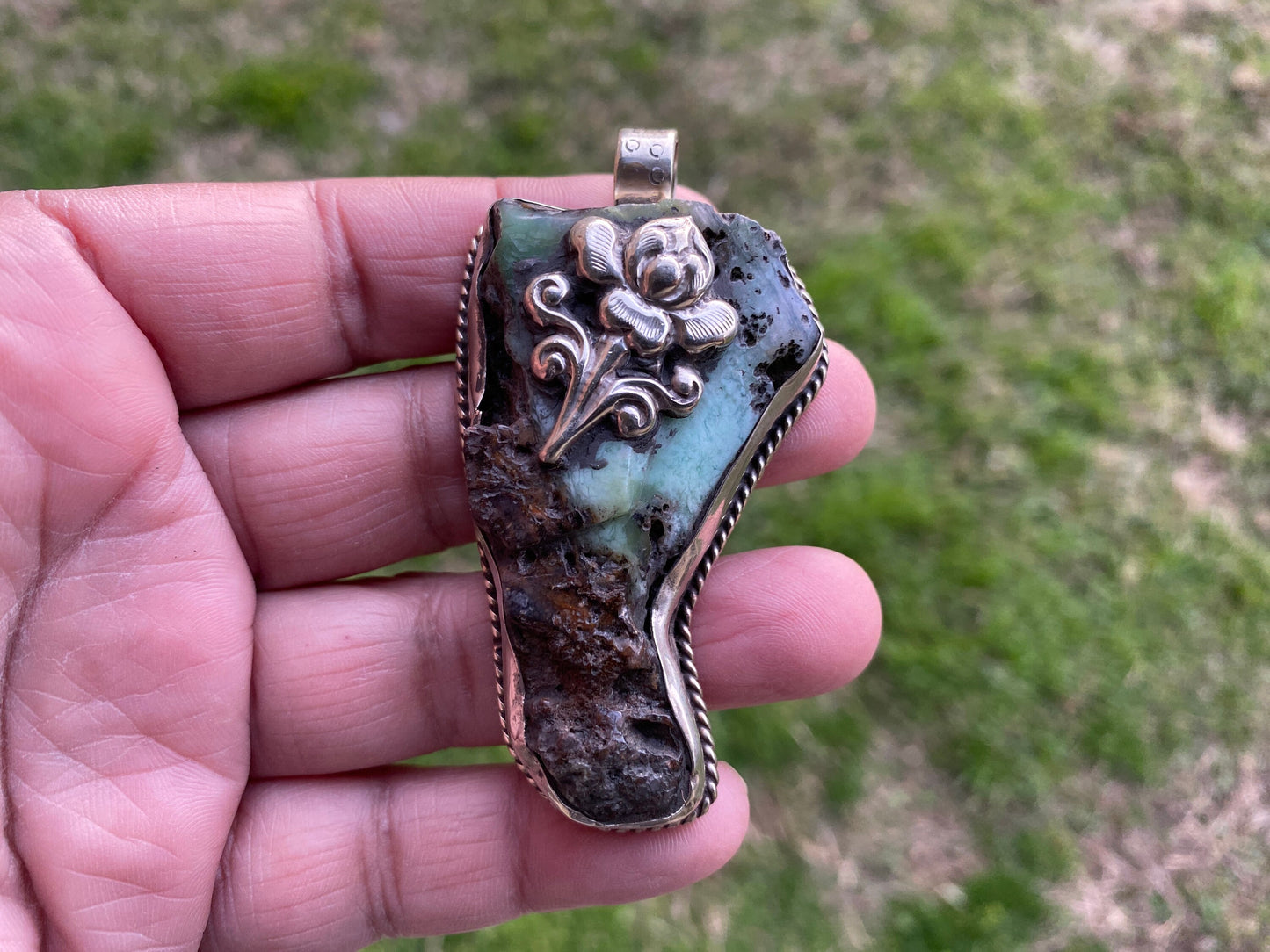 Large Rough Natural Green Chrysoprase Slab Tibetan Silver Pendant, Flower Designs, Ethnic Jewelry, Himalayan Jewelry, Natural Stone Jewelry