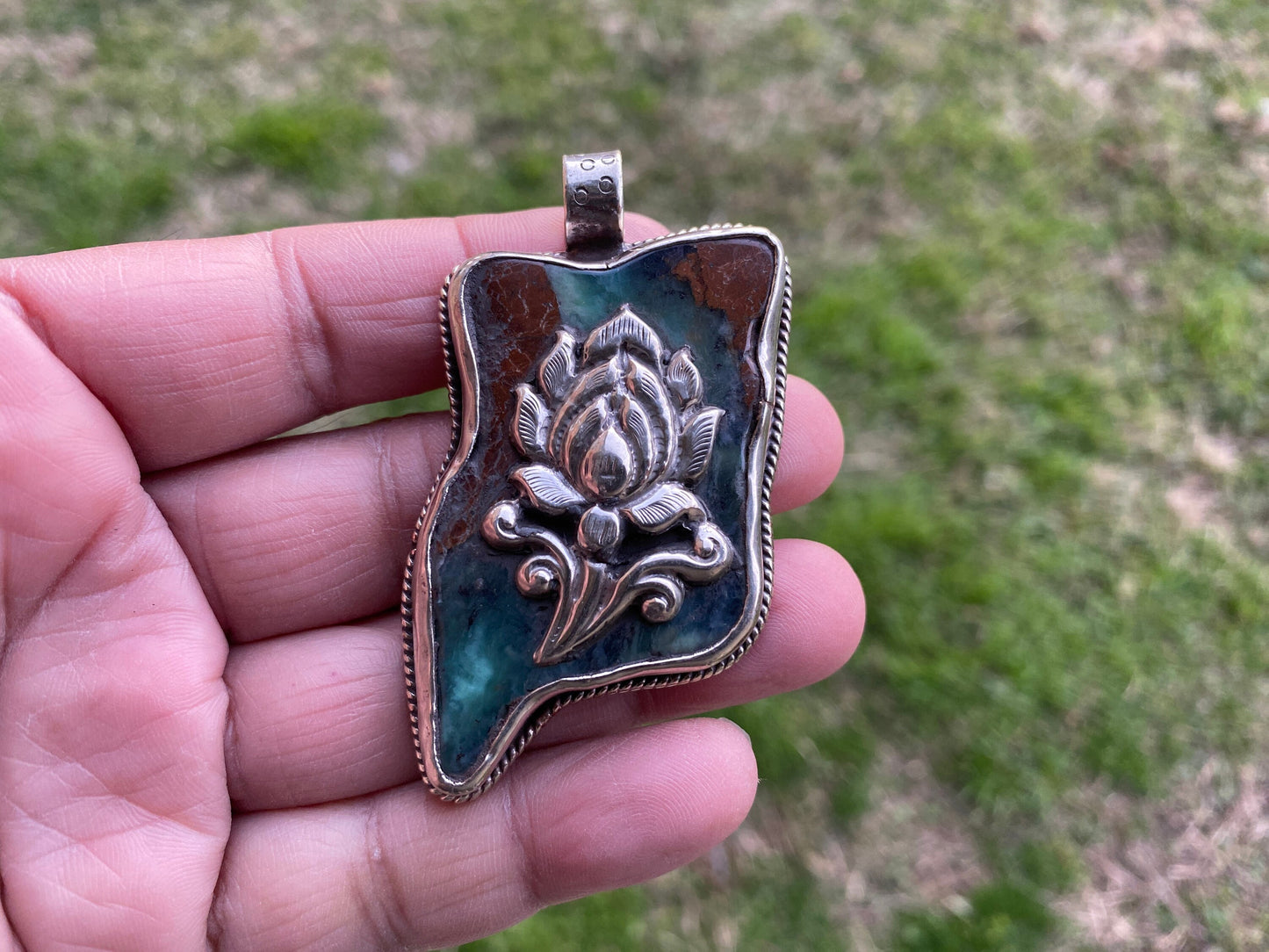 Large Rough Natural Green Chrysoprase Slab Tibetan Silver Pendant, Flower Designs, Ethnic Jewelry, Himalayan Jewelry, Natural Stone Jewelry