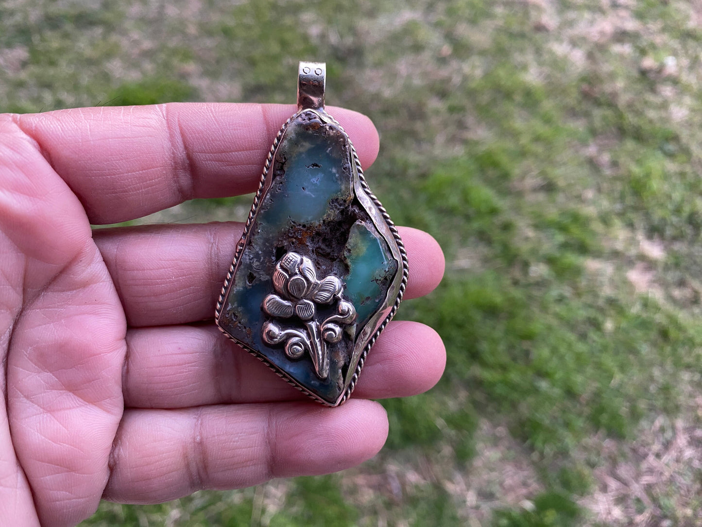 Large Rough Natural Green Chrysoprase Slab Tibetan Silver Pendant, Flower Designs, Ethnic Jewelry, Himalayan Jewelry, Natural Stone Jewelry