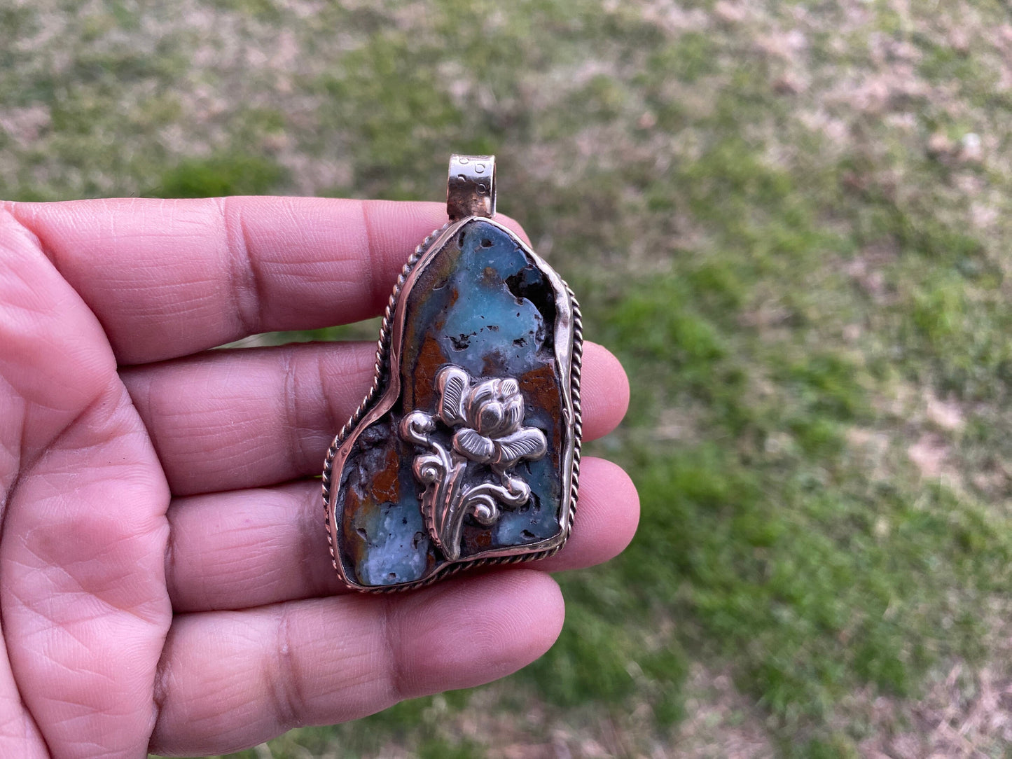 Large Rough Natural Green Chrysoprase Slab Tibetan Silver Pendant, Flower Designs, Ethnic Jewelry, Himalayan Jewelry, Natural Stone Jewelry