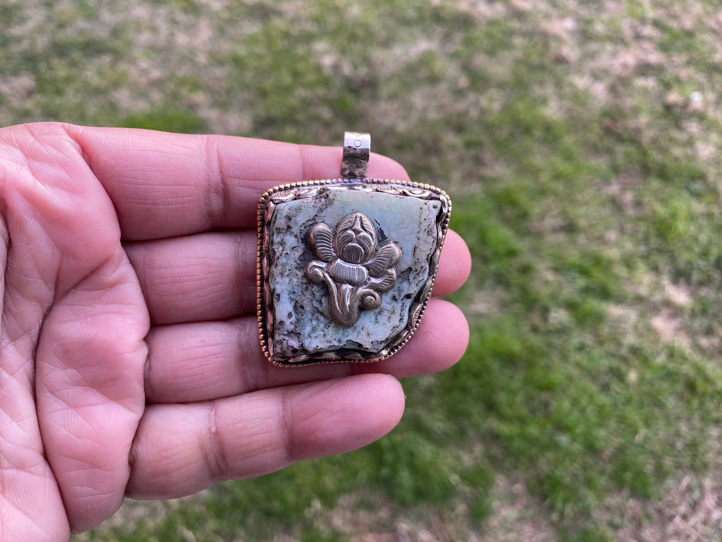 Large Rough Natural Green Chrysoprase Slab Tibetan Silver Pendant, Flower Designs, Ethnic Jewelry, Himalayan Jewelry, Natural Stone Jewelry