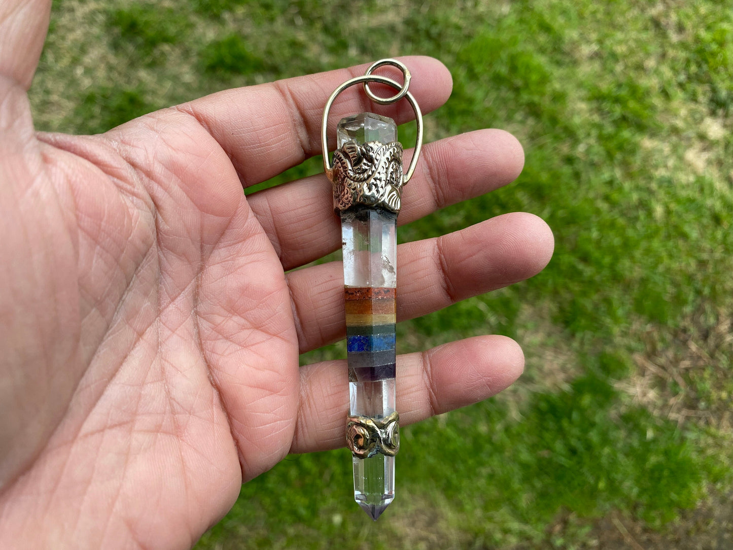 Large Seven Chakra Crystal Point Tibetan Silver Pendant, Multi gemstone Pendant for Necklace, Healing Crystal, Boho Pendant, Hippie Pendant,