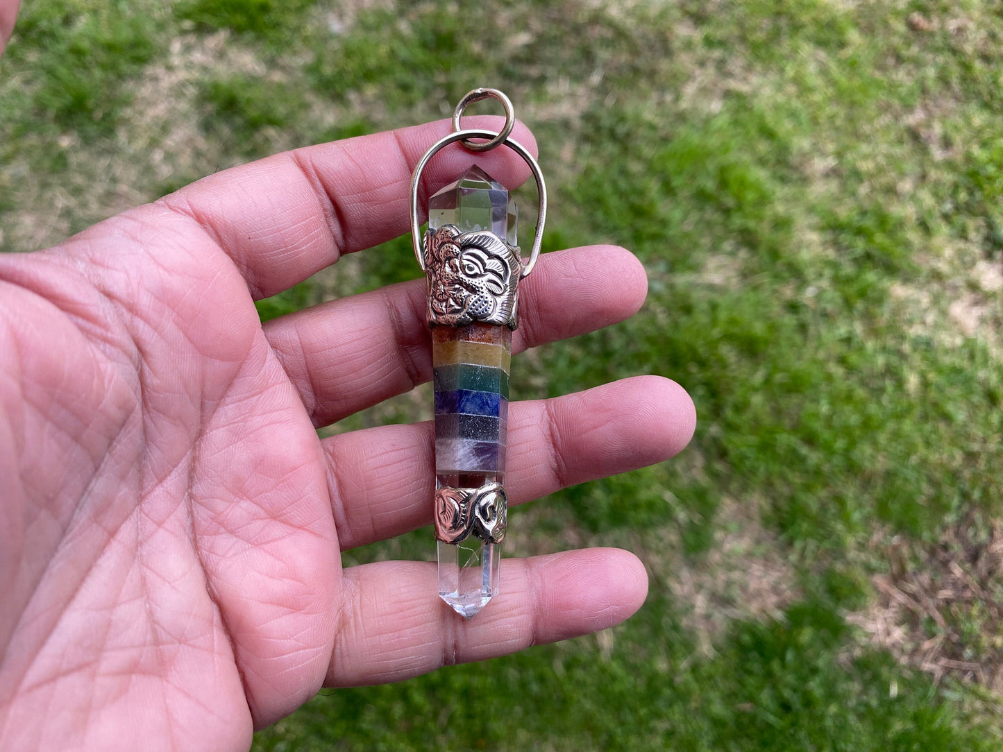 Large Seven Chakra Crystal Point Tibetan Silver Pendant, Multi gemstone Pendant for Necklace, Healing Crystal, Boho Pendant, Hippie Pendant,