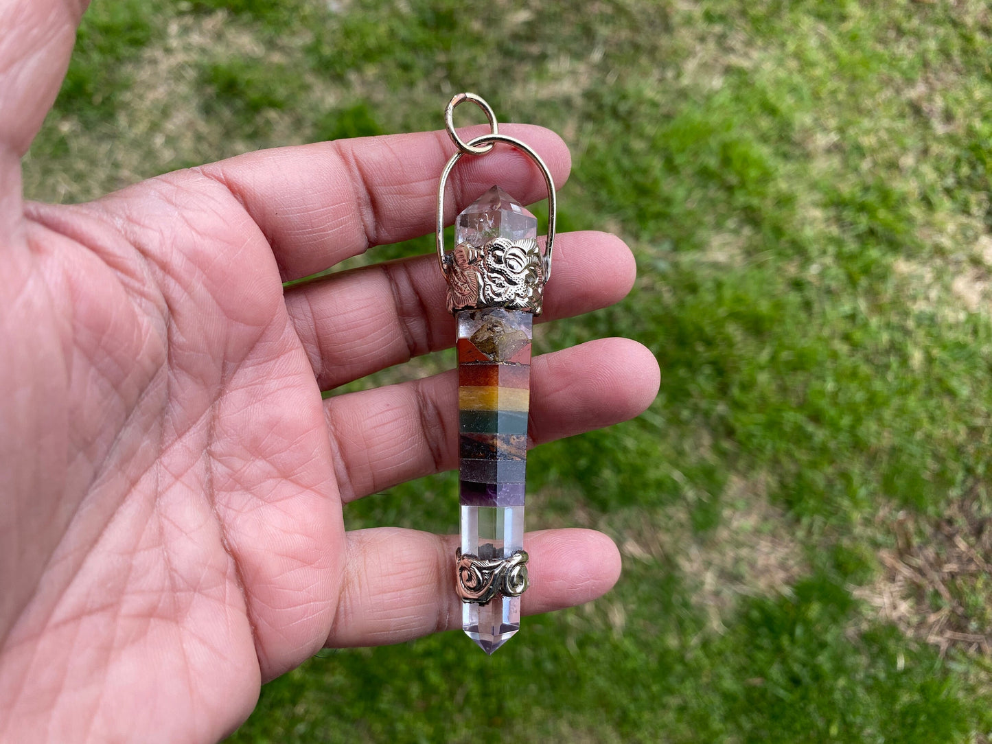 Large Seven Chakra Crystal Point Tibetan Silver Pendant, Multi gemstone Pendant for Necklace, Healing Crystal, Boho Pendant, Hippie Pendant,
