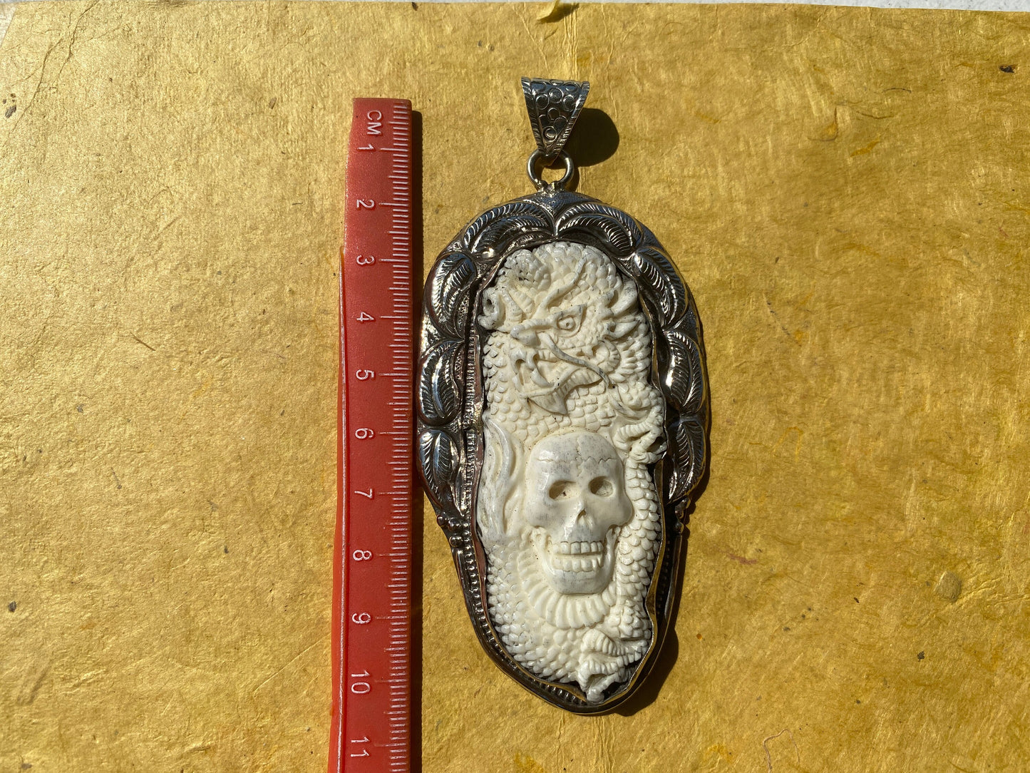 Large Skull with Dragon Carved Buffalo Bone Tibetan Silver Pendant, Unisex Skull Pendant, Jewelry for Men or Women, Sugar Skull, Skeleton