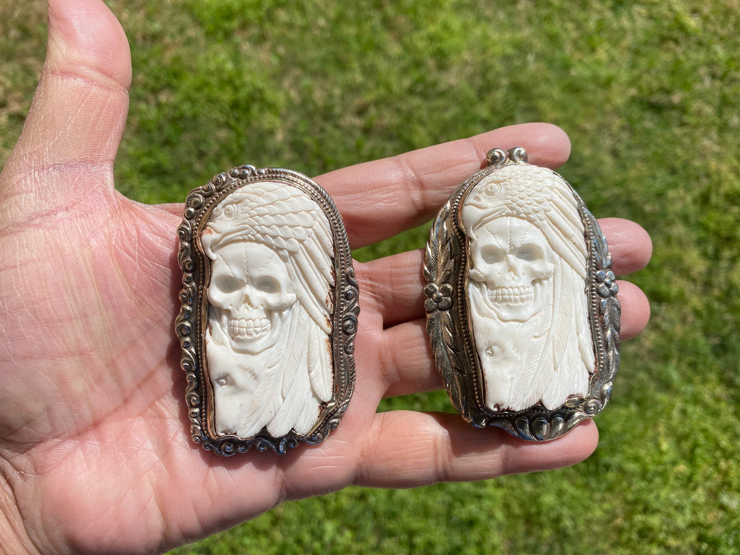 Large Skull with Eagle Carved Buffalo Bone Tibetan Silver Pendant, Unisex Skull Pendant, Jewelry for Men or Women, Sugar Skull, Skeleton